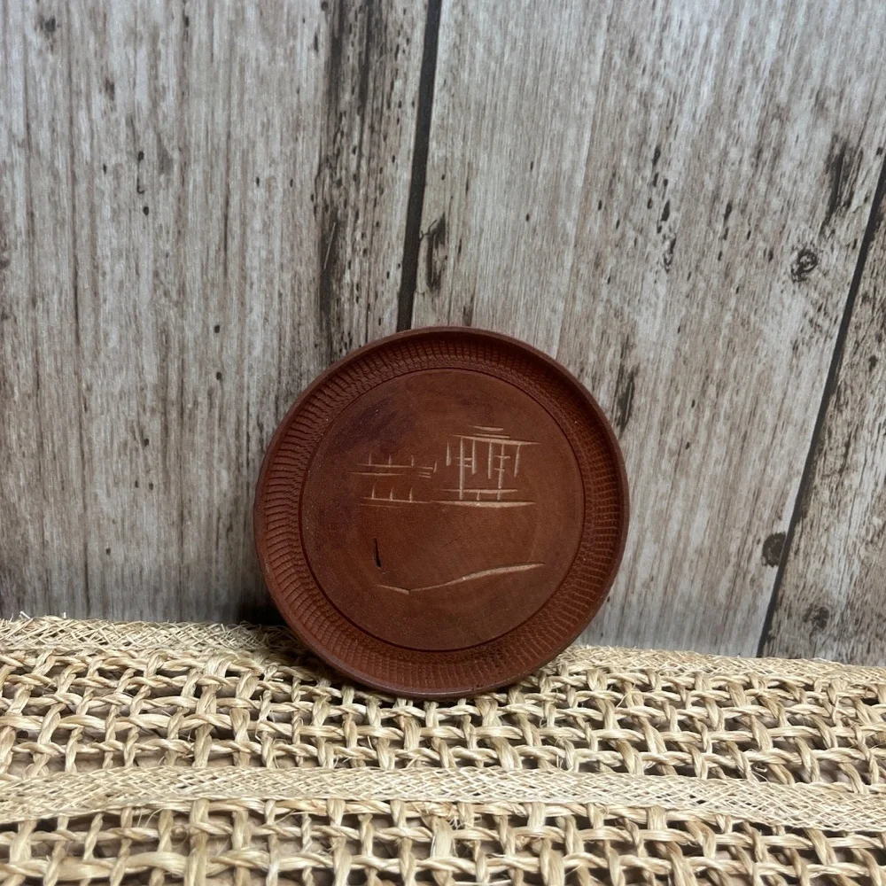 Vintage Coaster Set Asian Landscape Carved Wood Coasters w/ Holder Set of 8
